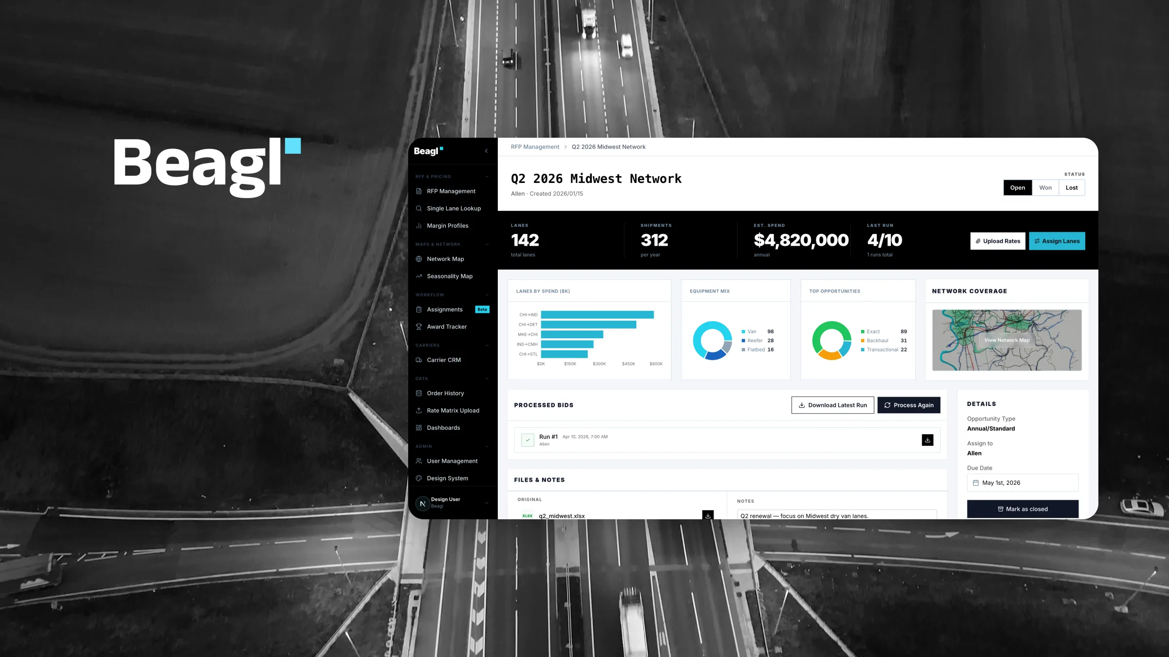 The Beagl RFP workspace showing lanes, shipments, estimated spend, equipment mix and network coverage