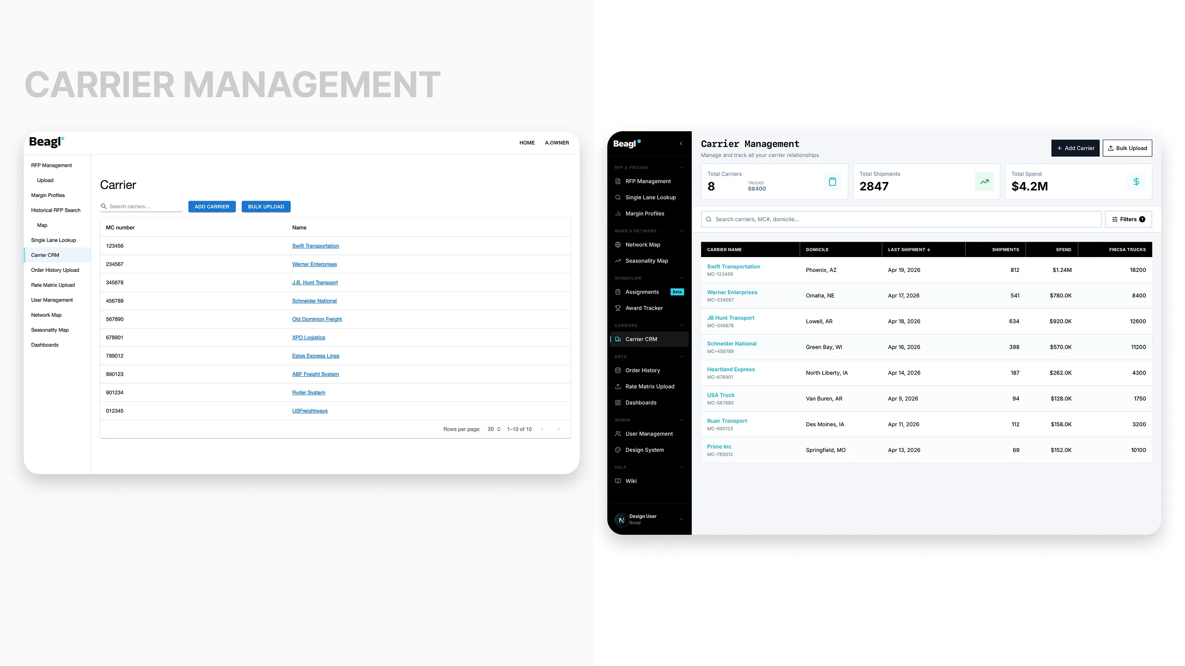 Carrier management: the original carrier list beside the rebuilt CRM with shipments, spend and fleet size