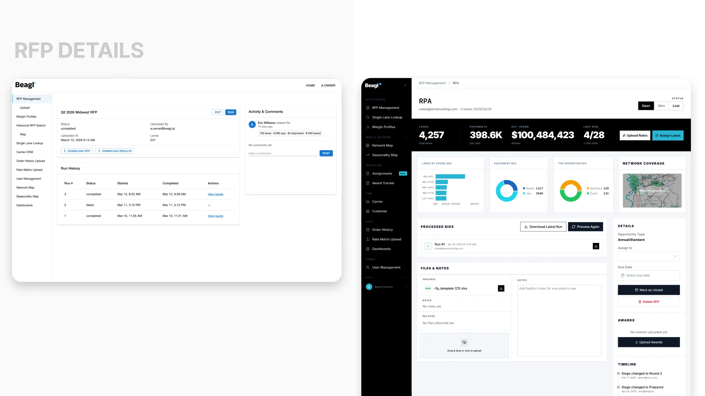 RFP detail: the original run-history page beside the rebuilt detail view with spend, bids, files and timeline