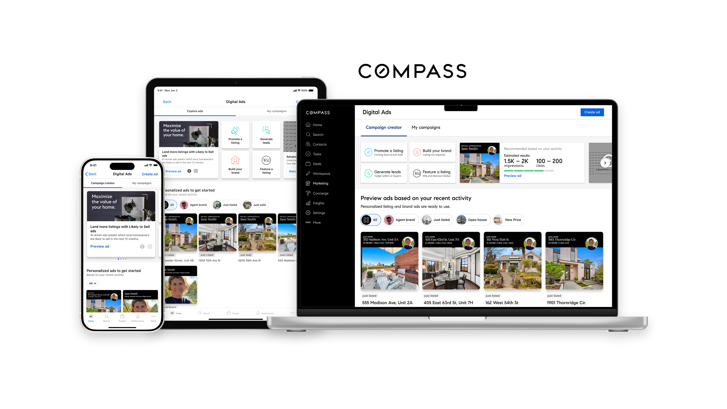 Compass Digital Ads shown across desktop, tablet, and mobile devices