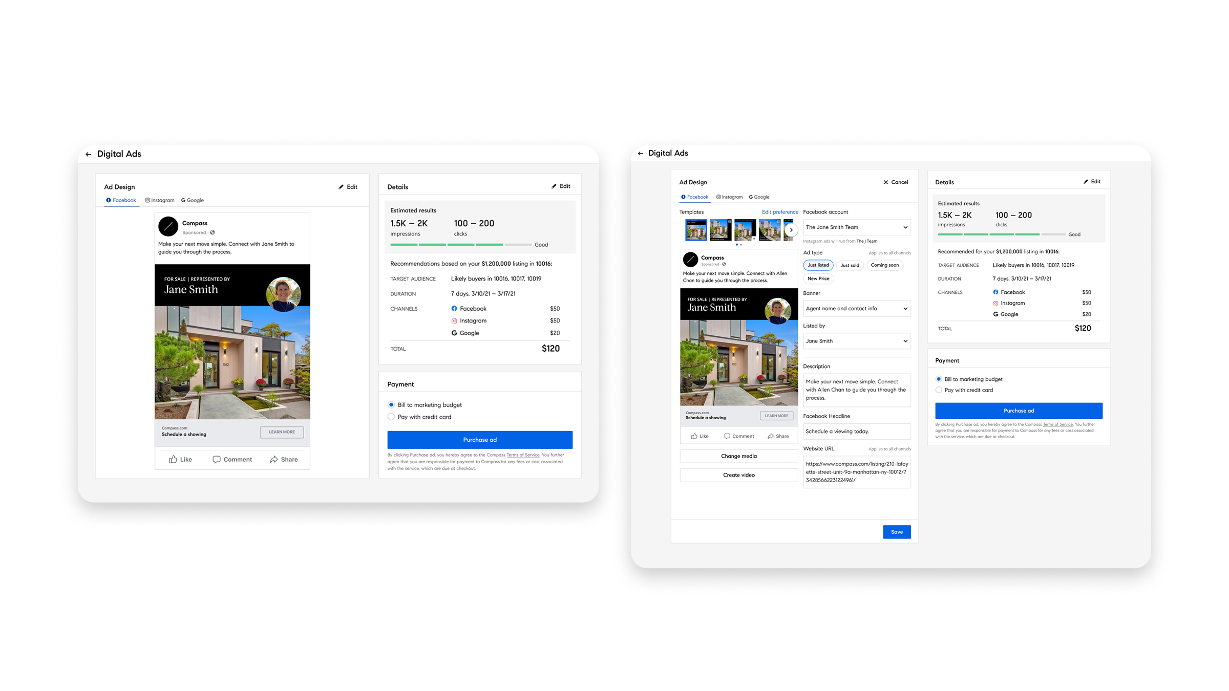 Compact Digital Ads purchase summary beside its expanded editing controls