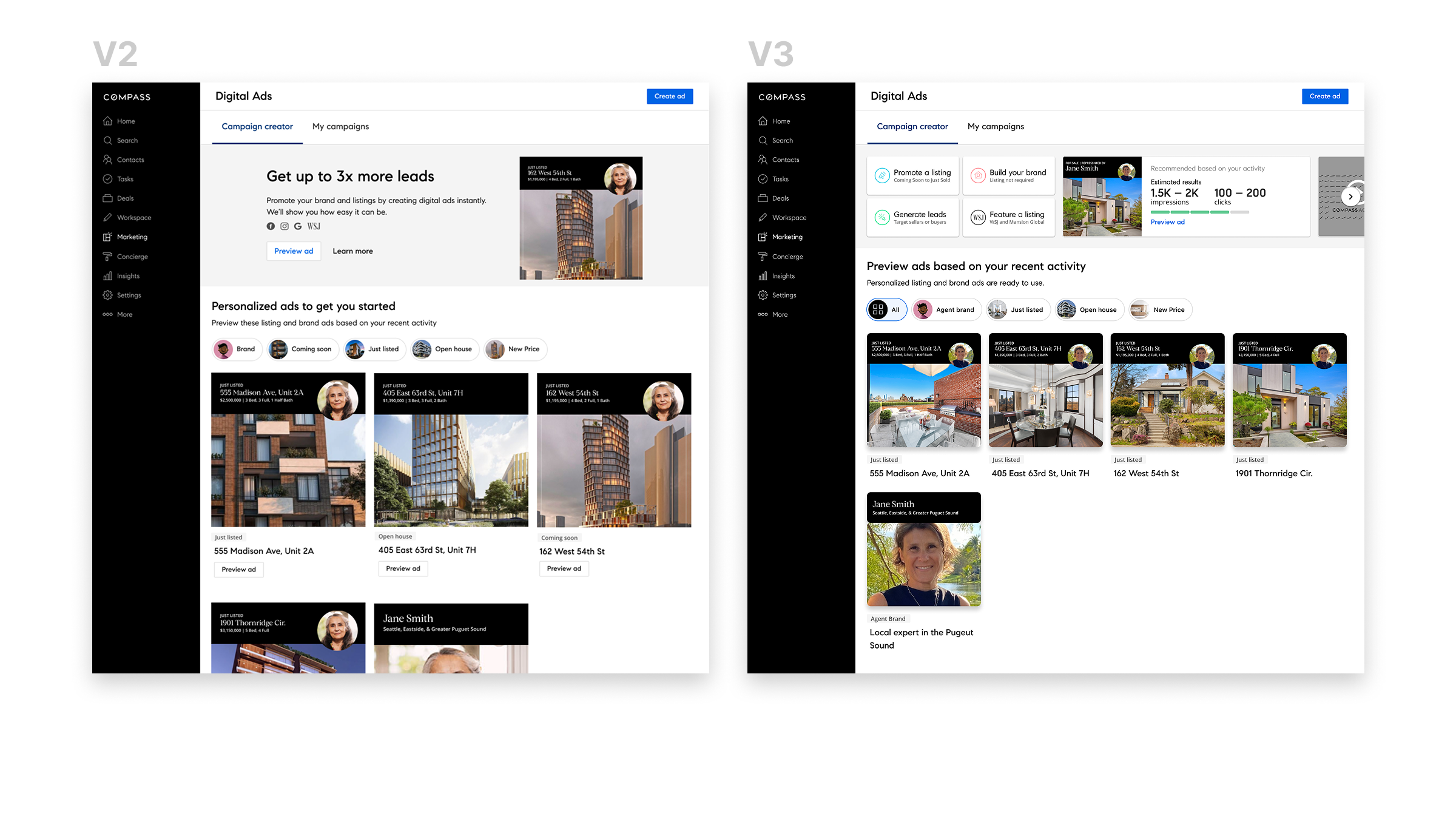 Second- and third-generation Digital Ads entry screens showing clearer intent-based choices