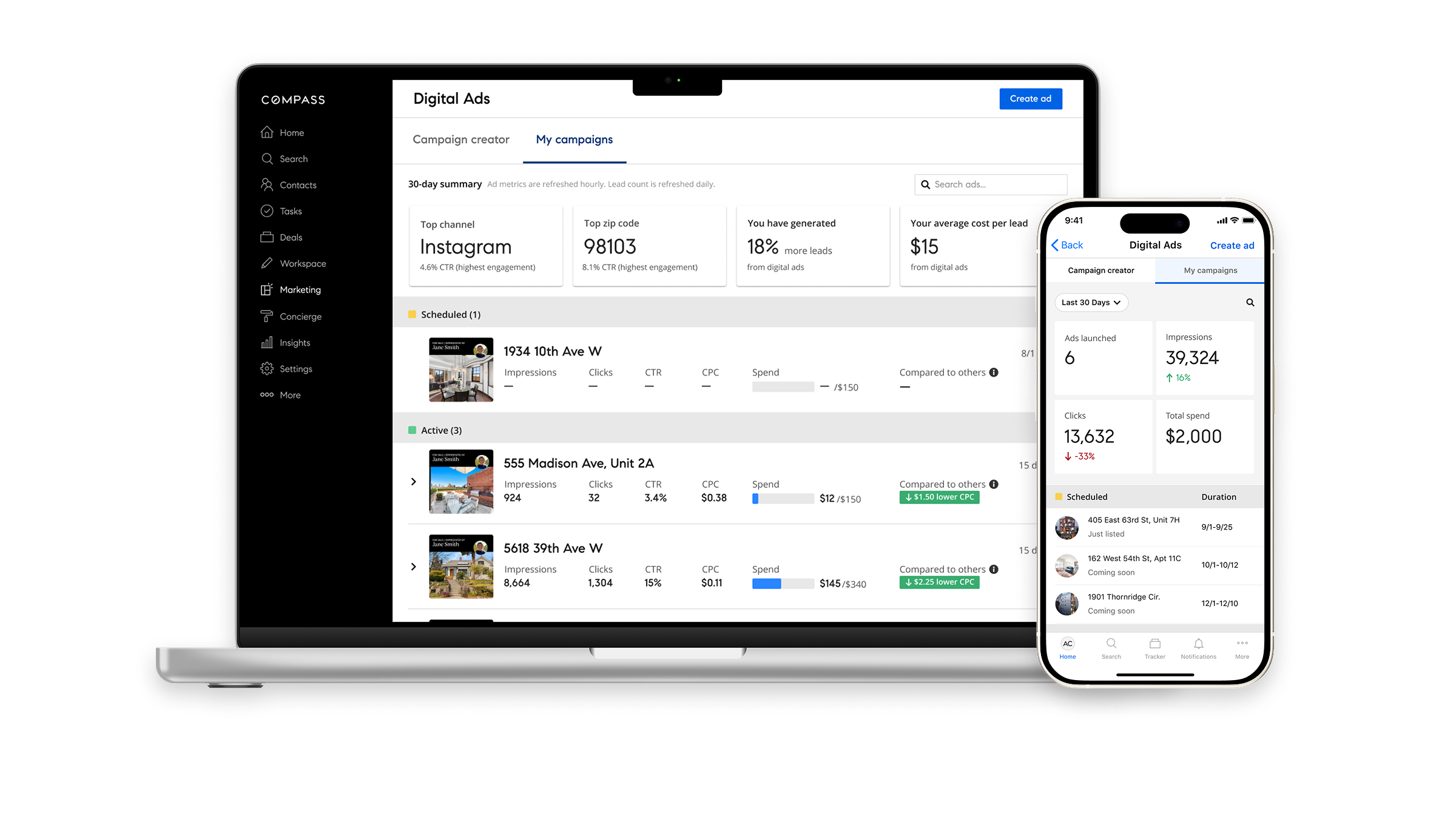 Digital Ads campaign reporting dashboard on desktop and mobile