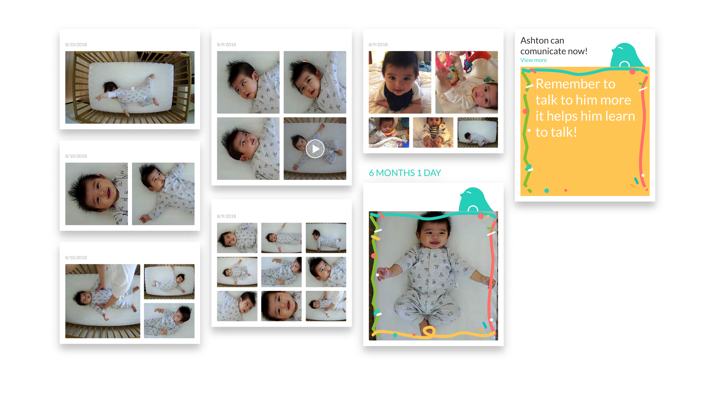 Cubo Moments timeline organizing automatically captured baby photos by date and age