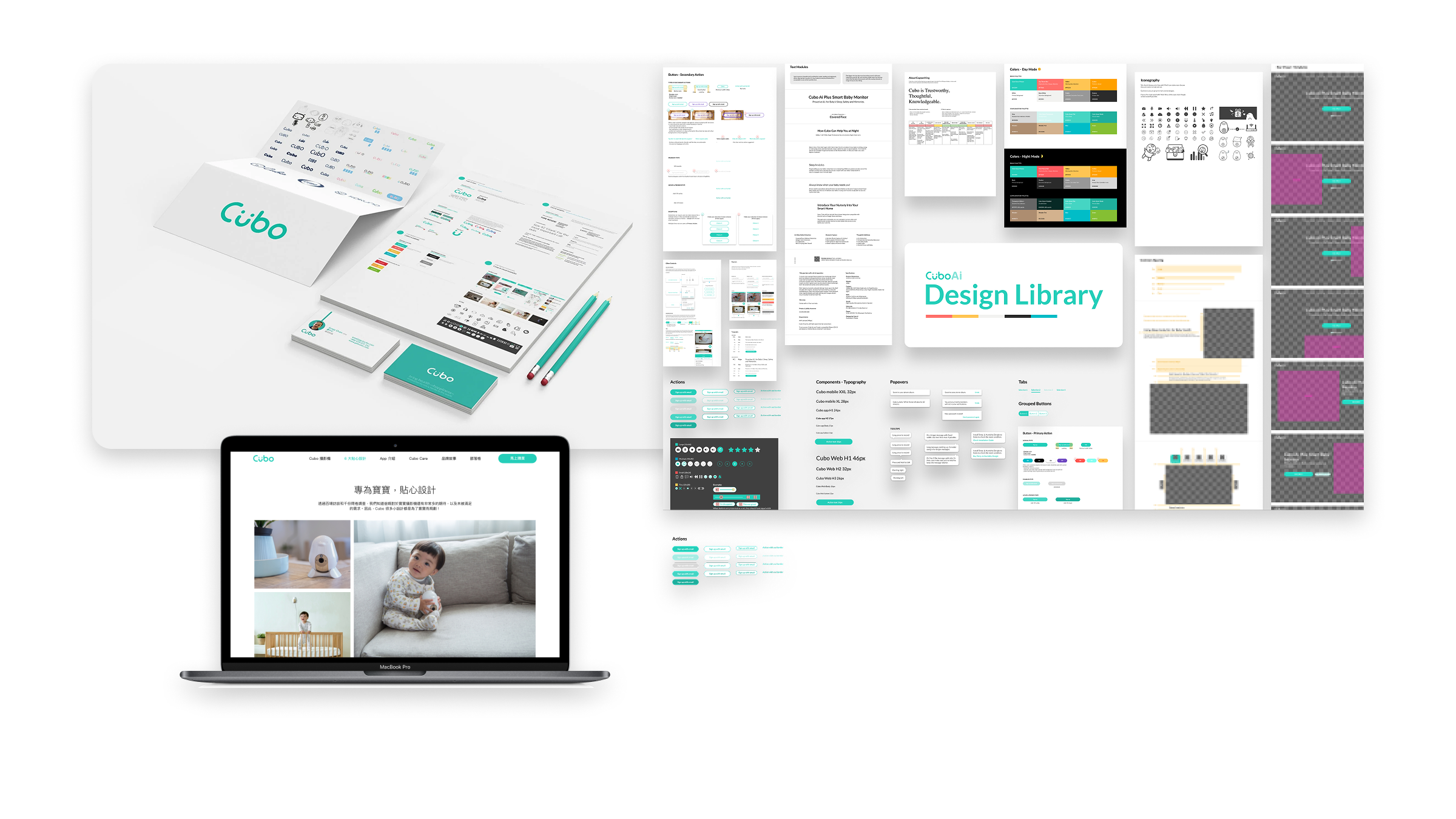 Cubo brand identity, website, and CuboAi Design Library shown together