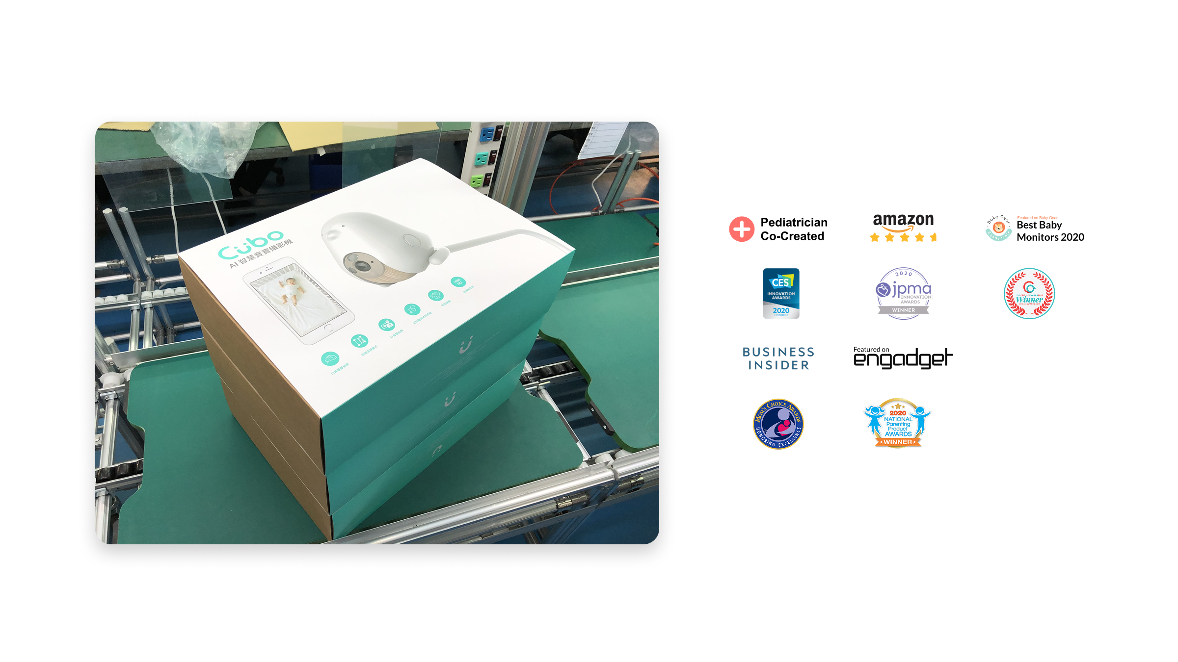 CuboAi retail packaging on the production line beside product awards and recognition