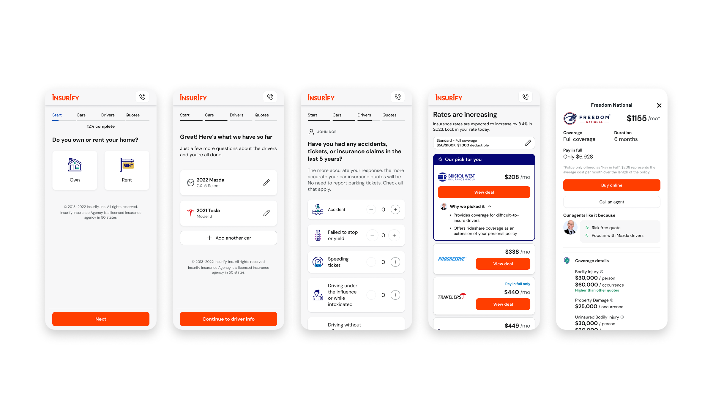 Condensed Insurify customer journey from questions through quote results and purchase