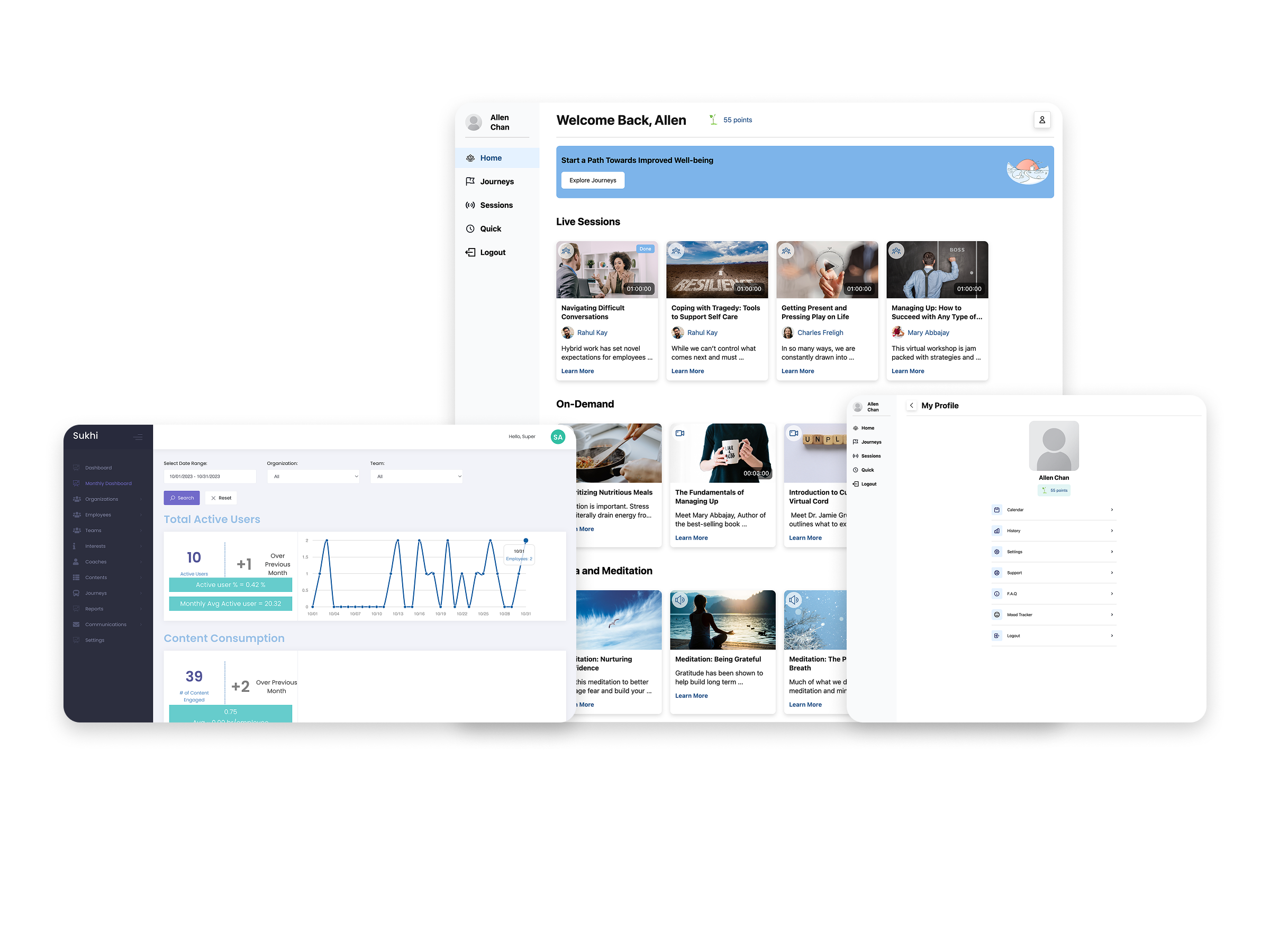 The legacy Sukhi member experience, reporting dashboard, and profile interface