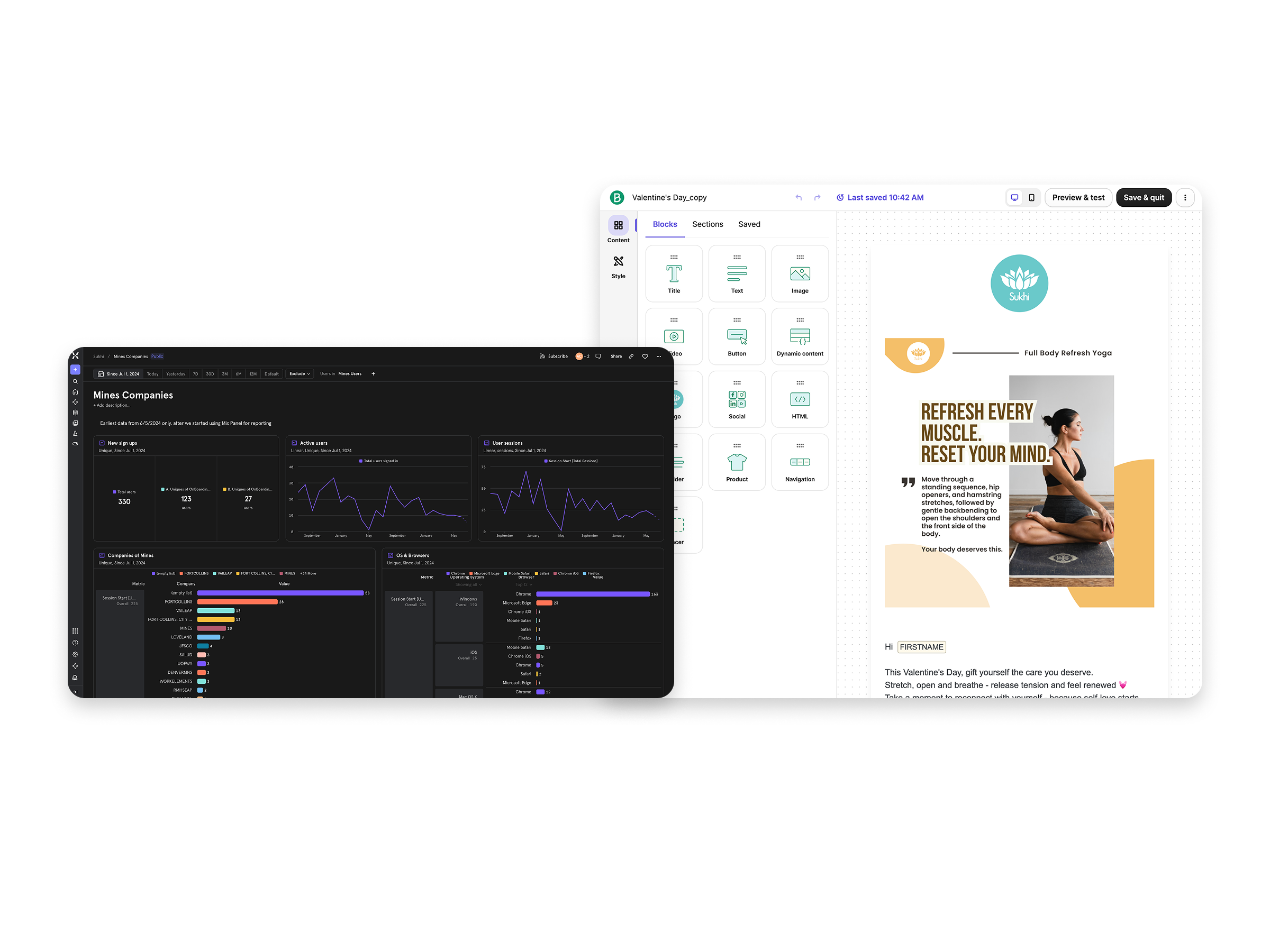 Mixpanel product analytics beside Sukhi's Brevo content production workspace
