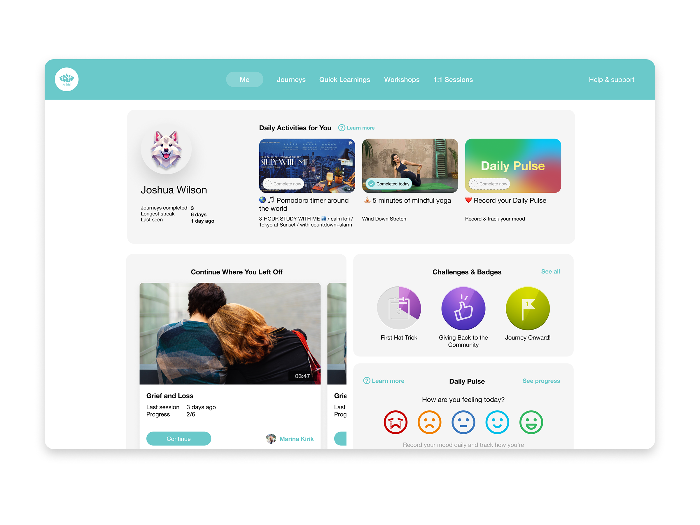 Earlier Sukhi dashboard combining activities, progress, badges, and Daily Pulse