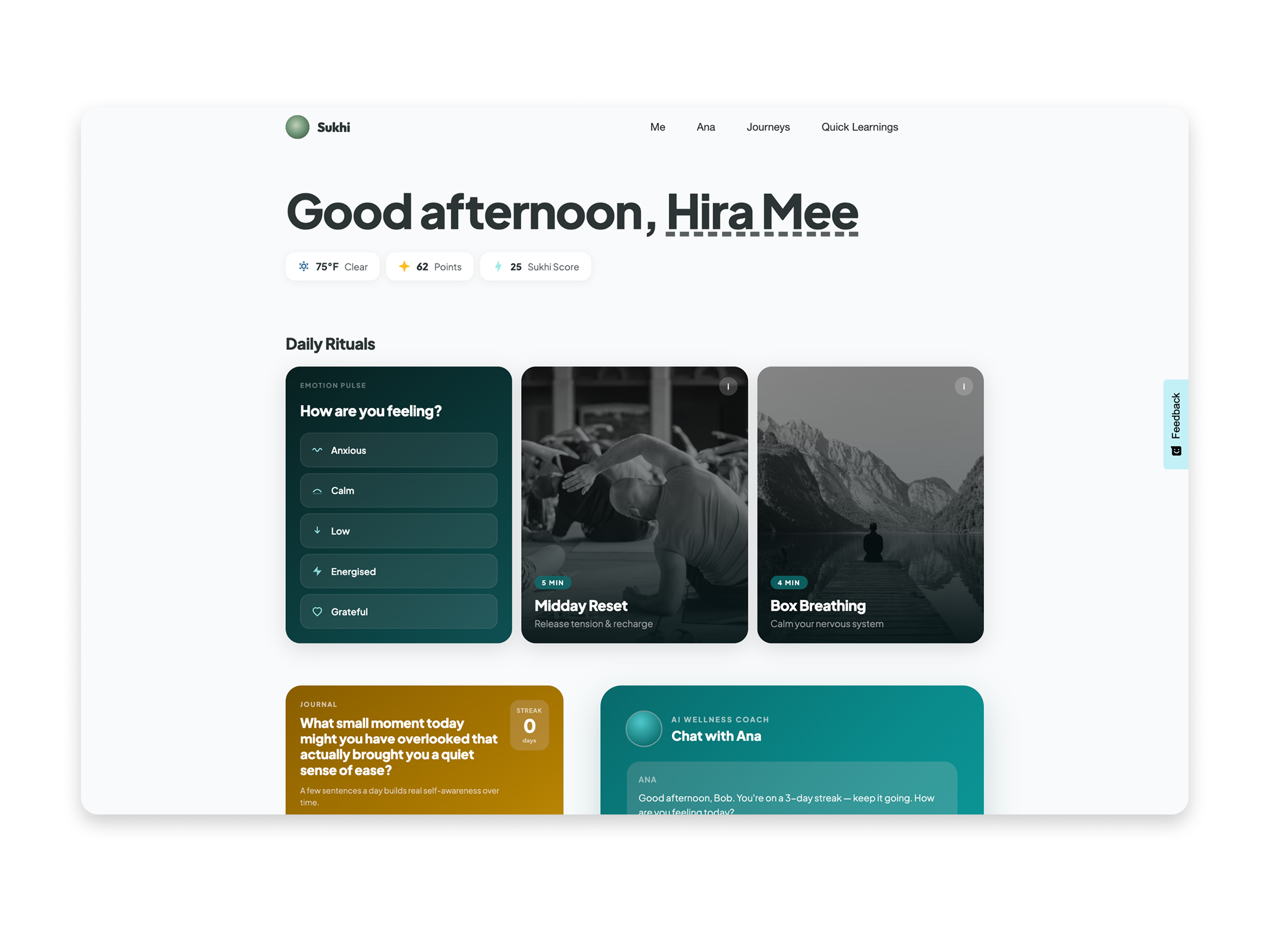 Sukhi 3.0 home experience organized around daily rituals and AI guidance