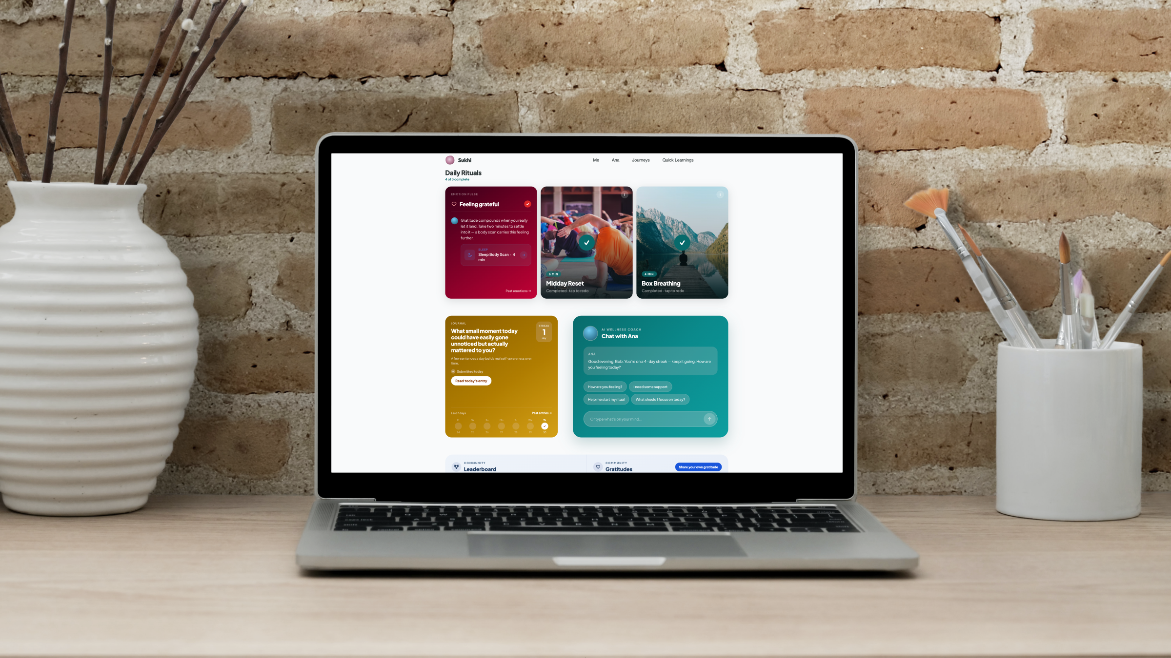 Sukhi 3.0 wellness dashboard displayed on a laptop in a workspace